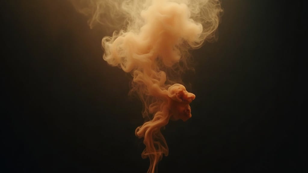 A plume of smoke curling and folding in darkness