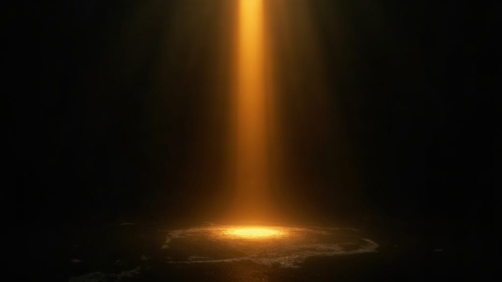 A narrow shaft of light falling onto a small bright pool