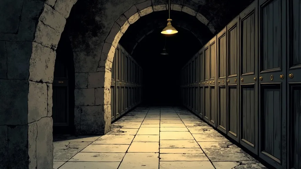 The vault corridor of the Cascara cellar, drawn in lamplight